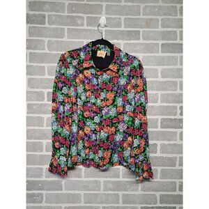 Elie Tahari Womens Floral Long Ruffle Sleeve  Button-Down Semi-Sheer Shirt Mediu